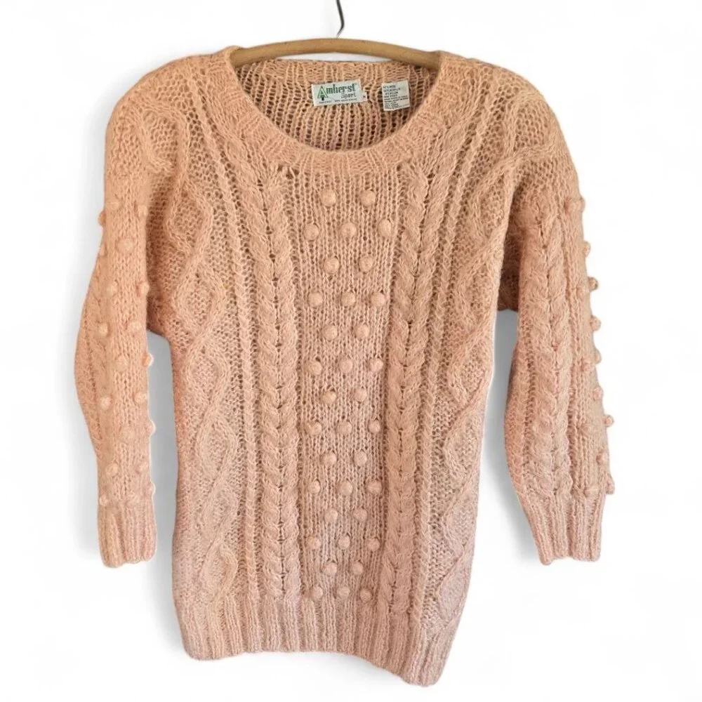 Vintage Amherst Sport Medium 1980s Wool Blend Peach Bobble Pattern Sweater Women - Picture 2 of 6